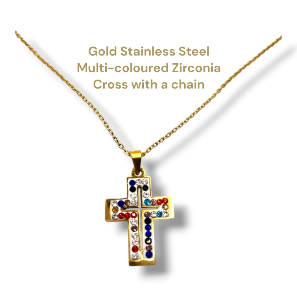 Gold Stainless Steel Zirconia Multi-coloured Cross with a chain